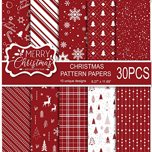 MIAHART 30 Sheets Merry Christmas Pattern Paper Set A4 Size 10 Designs Festival Decorative Craft Paper Double-Sided for Card Making Scrapbook, Red and White