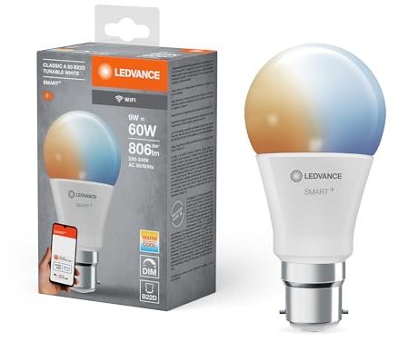 LEDVANCE Smarte LED-Lampe mit WiFi Technologie, Sockel B22d, Dimmbar, Lichtfarbe änderbar (2700-6500K), ersetzt Glühlampen mit 60 W, SMART+ WiFi Classic Tunable White, 1er-Pack