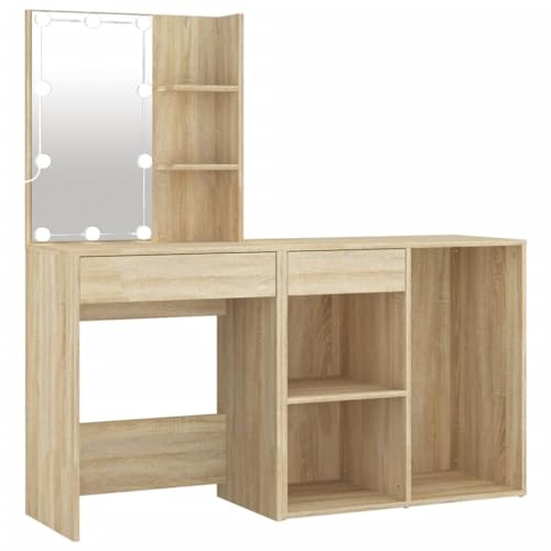 vidaXL LED Schminktisch, Kosmetiktisch mit Schrank Spiegel, Frisiertisch für Schlafzimmer, Schminkkommode Frisierkommode, Sonoma-Eiche Holzwerkstoff