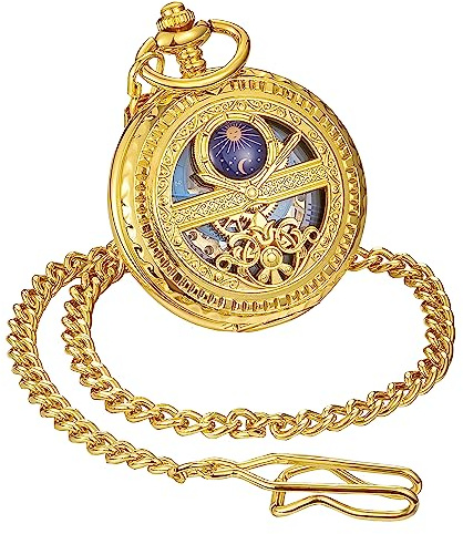 ShoppeWatch Men’s Pocket Watch with Chain | Hand Winding Vintage Gold Pocket Watch | Steampunk Mechanical Movement Pocketwatch | Cosplay Accessory PW222