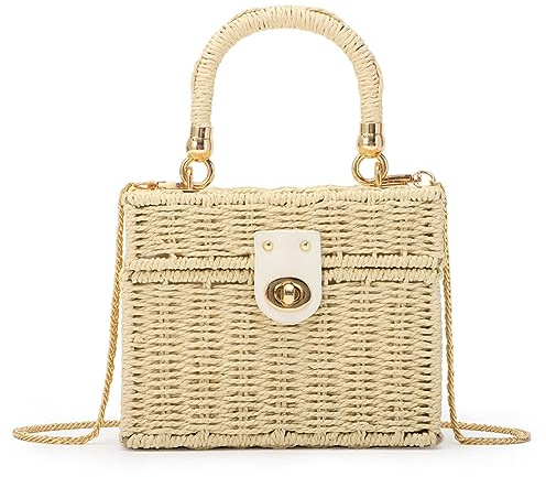 Fecialy Donne Intrecciate a Mano Rattan Borsa a Tracolla Spiaggia Paglia Tote Bag Quadrato Boho Crossbody Bag,Beige