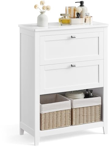 VASAGLE Storage Cabinet, Freestanding Floor Cabinet, 2 Drawers with 1 Set of Adjustable Divider, 2 Baskets, Sideboard, 11.8 x 23.6 x 31.5 Inches, for Bathroom, Living Room, Cloud White UBBC545W02