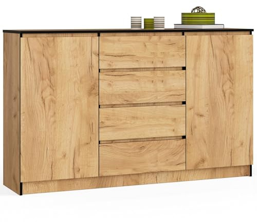 AKORD Commode K 160 cm 4 Tiroirs et 2 Portes pour Le Salon| Chambre | Bureau | Bureau Design Moderne | Fonctionnel Panneau Stratifié 16mm | Chêne Artisanal