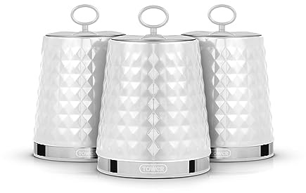 TOWER Solitaire Tea, Coffee & Sugar Canisters Set. 1.3L, Stainless Steel Coated in White, Embossed Diamond Design Kitchen Storage, T826207WHT
