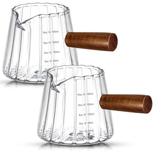 Jingmore Espresso-Schnapsglas mit Holzgriff, einzelne Ausgießer, Espressotassen, Messbecher mit klarer Skala, hitzebeständig, Espresso-Gläser für Kaffee, Milch, Tee, Sirup, Zubehör, 2 Stück