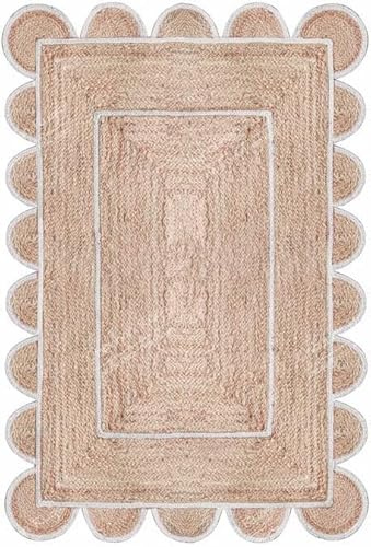 Jaipur Weaver Group Natural Jute Scalloped Rug Scalloped Braided Boho Rugs Handwoven Bohemian Rug for Farmhouse & Home Decor (White - 9'x12'), BD1-WT-9'x12'