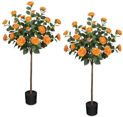 Arborus 2 STK. Kunstbaum Künstliche Kamelie im Topf 120 cm Künstlicher Baum | Groß Kunstpflanzen mit Blumen Plastik Pflanze Kameliebaum für Indoor Wohnzimmer Schlafzimmer Boden Flur Eingang Deko