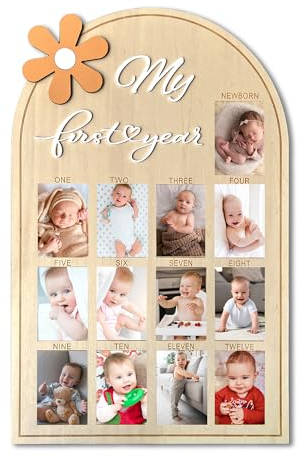 Mein erstes Jahr Holz Fototafel, Baby erstes Jahr Bilderrahmen, ein Jahr Geburtstag Foto Display Holztafel, 12 Monate Meilensteinbrett Fotorahmen, Geschenk für Neugeborenes Baby 1. Geburtstag
