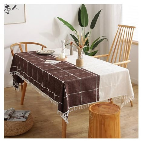 Epinki Tischwäsche, Weiß Braun Tischdecke Kariert mit Quaste Chiffon, Biertisch Tischdecke Outdoor Abwaschbar, Mitteldecke für das ganze Jahr, 110x170CM
