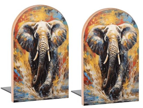Buchstützen aus Holz, Motiv: Elefant, bunt, dekorativ, für Regale, Schreibtisch, Zuhause, Büro, Buchstopper für Zeitschriften, Bücher, DVDs, 2 Stück
