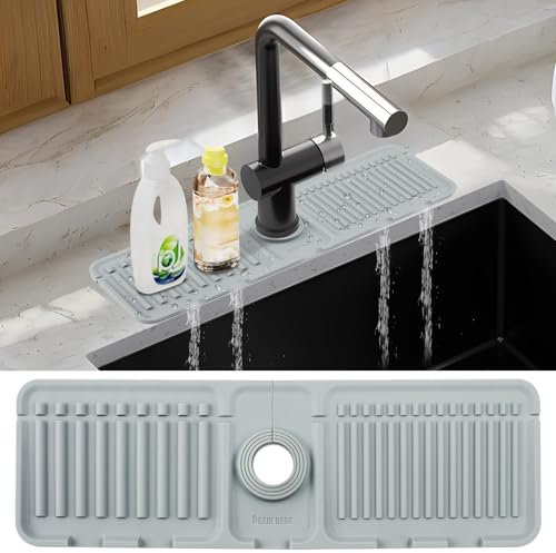 TamBee Silicone Sink Faucet Mat, 45x14cm Kitchen Sink Splash Guard, Silicone Draining Sink Mat Tap Drying Mat for Kitchen Bathroom Counter Wash Basin (Grey)