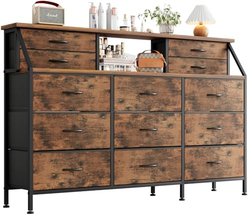 MUTUN Kommode für Schlafzimmer mit 13 Schubladen, 140 cm breite Kommode, Stoffkommode mit 2 Holzregalen, Aufbewahrungseinheit mit Stoffkörben für Schlafzimmer, Wohnzimmer, Flur, Rustikal Braun