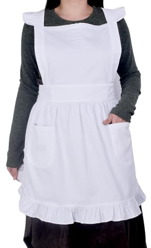 Love Potato Baumwolle Einstellbare Küche Retro Schürze Küche Kochen Maid Art Backschürze mit Taschen (weiß, Große Größe)