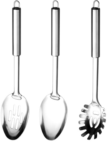 Juego de 3 cucharas de cocina de acero inoxidable de grado alimenticio, cuchara de arroz + cuchara de arroz perforada + tenedor de fideos, accesorios de cocina, utensilios de cocina, utensilios de