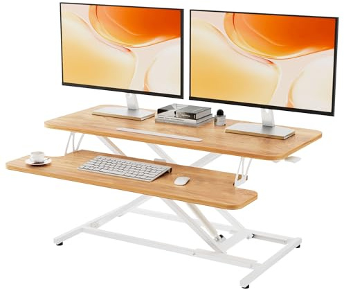 ERGOMAKER Steh-Sitz Schreibtischaufsatz Höhenverstellbar, Stehpult Aufsatz Schreibtisch 91 X 40CM Desktop Erhöhung mit Tastaturablage Für Zwei Monitore,Helles Rustikalbraun