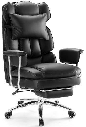 Sweetcrispy Executive Home Office Desk Chair - Ergonomic Big Tall High Back with Footrest & Lumbar Support, Reclining Height Adjustable, Comfy PU Leather Computer Gaming with Swivel Wheels, Black
