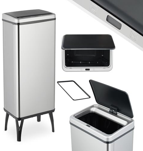 Relaxdays Poubelle Automatique, 60 litres, Couvercle électrique, avec Support pour Sac, Seau Cuisine, en INOX, argenté