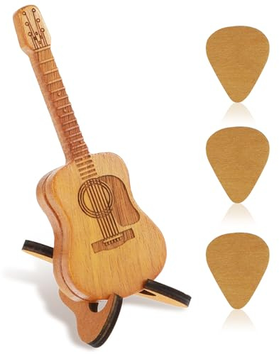 LLOUSSAK Holz Plektrumbox für Akustikgitarre mit Ständer, Gitarrenplektrumbox Gitarren Plektren Halter, 3 Picks Gitarrenplektren für Gitarren Bass Ukulelen Liebhaber