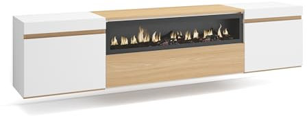 Skraut Home | Meuble TV | Banc Télé | Grand Espace de Rangement | 200x45x35cm | pour Les TV jusqu'à 80 | Cheminée électrique | Suspendu, Mural | Style Moderne | Chêne Soft et Blanc
