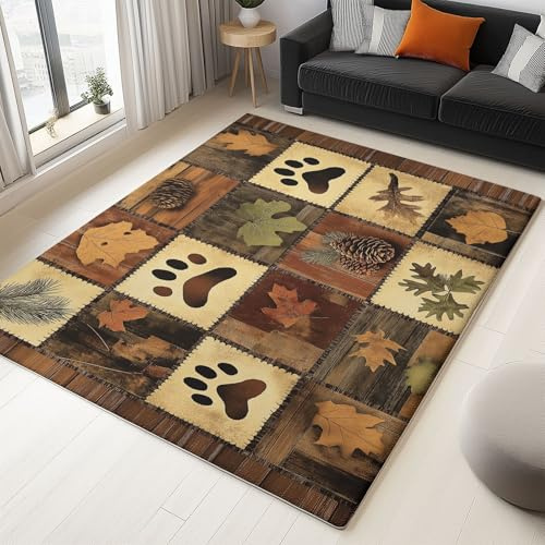 Generico Tappeto Salotto Lavabile Lavatrice - 100 x 160 cm Morbido Antiscivolo Pelo Corto Patchwork di Villaggio Home Decorazioni Orso Impronta Retro Patchwork per Camera Sala da Pranzo