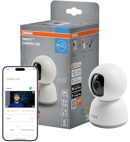 Osram SMART+ WiFi Kamera 360° 4MP 2K QHD, Schwenk-Neige, Nachtsicht 7m, Zwei-Wege-Audio, Alexa kompatibel, Weiß