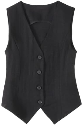 Chaleco delgado de lino para mujer, de verano, sin mangas, con cuello en V, Negro, XL