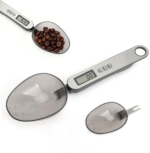 Cuchara Báscula Digital medición precisa 0,1–500g 2 cabezal de cuchara tamaños diferentes electronic spoon scale multifuncional múltiples unidades de medida parte frontal de acero inoxidable plateado