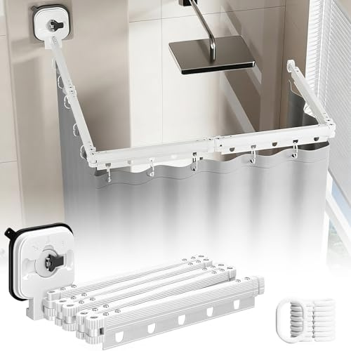 Faltbare Duschvorhangstange mit Saugnapf Und Dusch-vorhang,Duschvorhang Ohne Bohren,Einziehbarer Wäscheständer, Duschvorhangstange für Badezimmer, Ecke (5Wege Weiß+1,8x 2m Duschvorhang)