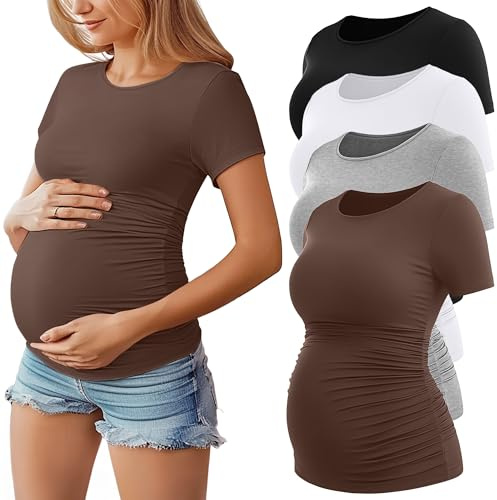 Geyoga Pack 4 Tops Premamá para Mujer De Manga Corta | Algodón, Cuello Redondo, Fruncidos Laterales, Corte Ajustado, Verano, Transpirable, Elástico, Informal, Suave