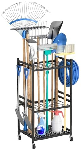 BAKENLON Gartengeräte Aufbewahrung Ständer, 3-stufig Gartenwerkzeug Aufbewahrung aus Metall, Platz für 35 Werkzeuge, Gartengeräte Organizer mit Rollen für Garage Schuppen Garten