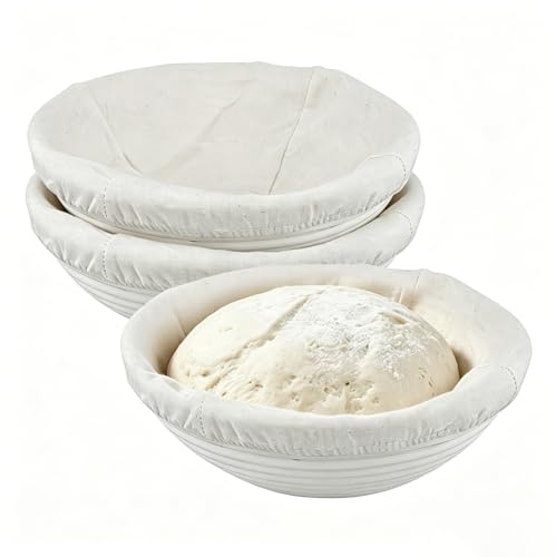 SEUNMUK 3 PCS Bread Proofing Baskets, 9 Inch Round Sourdough Banneton Basket with Linen Liners, Natural Rattan Sourdough Proving Basket for Bread Making