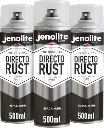 JENOLITE Directorust Black Spray Paint for Metal Satin Finish 3 x 500ml | Direct To Rust Spray Paint - All-In-One Multi Surface Spray Paint for Metal, Wood, Plastic, Ceramic