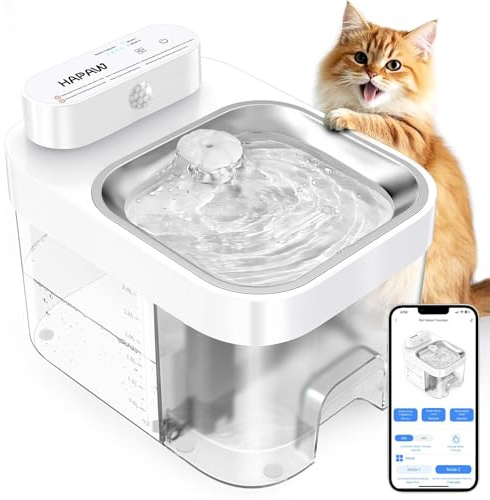 HAPAW Katzenbrunnen mit App-Überwachung, 3 L Frisch- & 1,35 L Abwassersystem, Trinkbrunnen für Katzen, Filterloser Automatischer Wasserspender mit 5000 mAh, Weiß