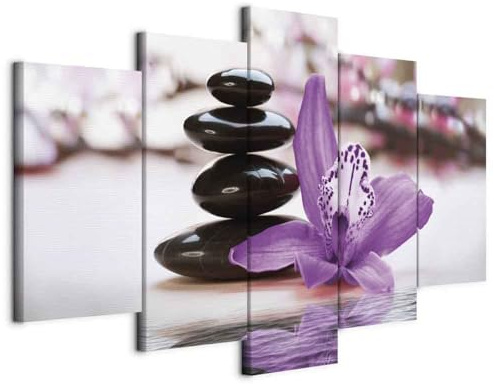 B&D XXL - Leinwandbild Orchidee Steine Wasser, 100x50 cm, 5-teilig, modern | Hochwertige Leinwand, sofort aufhängbar, ideal fürs Wohn- oder Schlafzimmer, wasserfest und lichtecht, langlebig, stilvoll