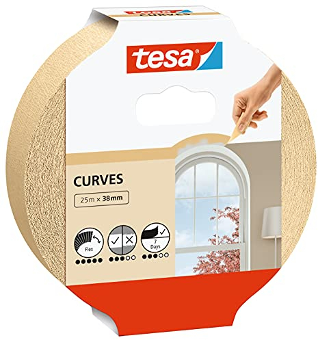 tesa Cinta de Pintor CURVAS - Cinta de Carrocero con Base Crepé Extra Fuerte para Enmascarar Curvas y Formas Irregulares - Superficies Rugosas y Lisas - 25 m x 38 mm