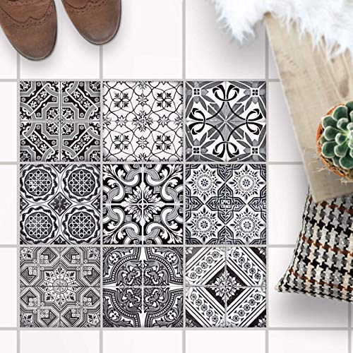 Fliesensticker für - [ Boden Fliesen ] - Aufkleber Folie Sticker für Fliesen Boden - Küche oder Bad I Fliesensticker als alternative zu Fliesenlack I 15x15 cm - Design Black n White