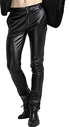 Yeokou Men's Skinny Straight Leg Tapered Pu Faux Leather Motorcycle Biker Pants (32, Black)