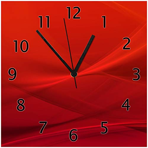 Wallario Design-Wanduhr Abstrakte rotes Muster - roter Stoff aus Glas, Motiv-Uhr Größe 30 x 30 cm, Schwarze Zeiger