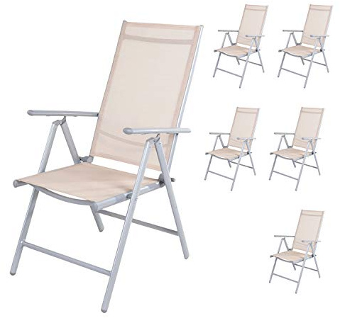 Mojawo 6er Set Gartenstuhl - Hochlehner 7-Fach verstellbar - zusammenklappbar - Klappstuhl - witterungsbeständiges Aluminium - wetterfeste Gartenmöbel - Silber/Beige