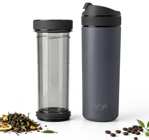 VIVA Recharge Thermobecher to go, Edelstahl, Tee-Sieb, 0,46 l, Grau | Doppelwandig isolierter Edelstahl-Thermobecher, auslaufsicher, mit Sieb. Lange heiss oder kalt.