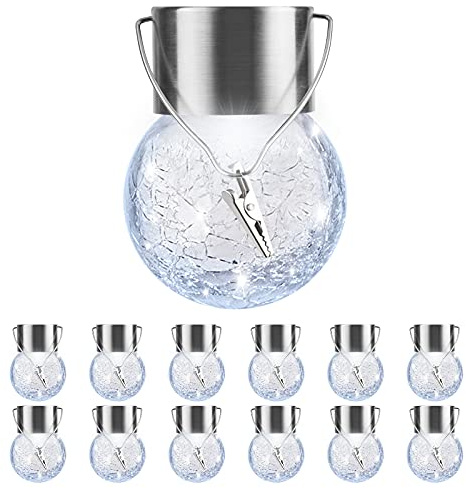 PARTPHONER 12 Pack Hanging Solar Lights Outdoor, Waterproof Solar Globe Lantern with Handle and Clip, Decorative Cracked Glass Ball Lights for Christmas Decor, Tree, Yard, Garden, Patio (Cold White)