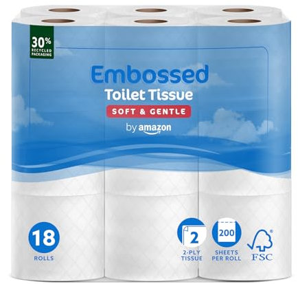 by Amazon Toilet Roll, 2-Ply Embossed, Soft and Gentle, 18 Rolls (Pack of 1), 200 Sheets per Roll, FSC Certified