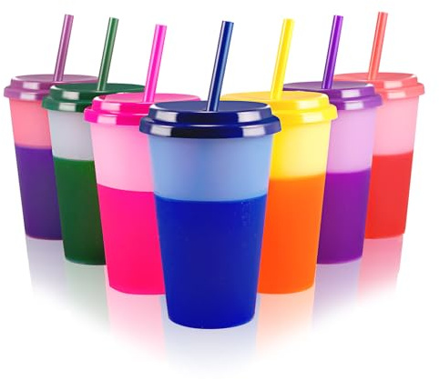 Patinao Cups Tumblers with Lids & Straws - 7 Pack 12 OZ Iced Water Colour Changing Cups for Cold Drinking BPA Free Reusable Plastic Tumbler Set for Party Smoothie Cup Travel Mugs