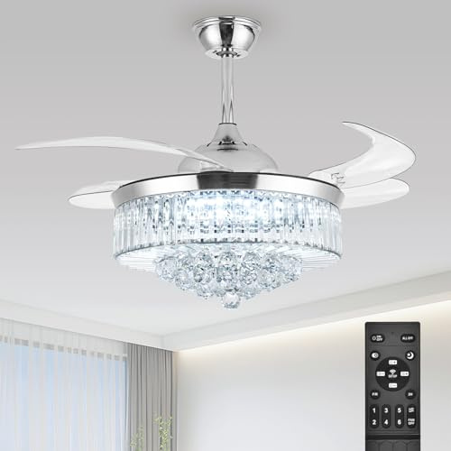 Bavnnro 36'' Fandelier Ceiling Fans with Light, Silver Retractable Crystal Chandelier Fan, Reversible, Remote Control, Dimmable Ceiling Light Kits for Dining Living Room, Bedroom