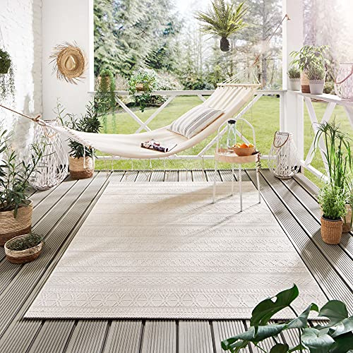 Steffensmeier Indoor Outdoor Teppich Nyland wasserfest Kunststoff Balkon Garten Flur, strapazierfähig und pflegeleicht, Streifen Creme, Größe: 80x150