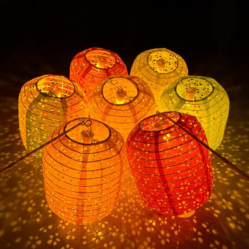 12Pcs Chinese Paper Lanterns with LED Lights, 16cm Hollow Out Hanging Asia Japanese Paper Lamps with Tassels Walking Sticks Lantern for Chinese New Year Lanterns Decorations(Oval-Shaped)