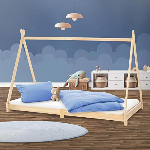 ML-Design Kinderbett Tipi 90 x 200 cm mit Lattenrost, Natur, aus Kiefernholz, Indianer Bett, Hausbett für Mädchen und Jungen, Bodenbett Kinderhaus Jugendbett Holzbett Bettenhaus Spielbett Zelt Holz