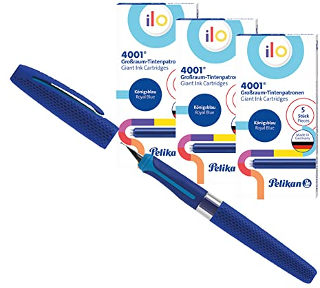 Pelikan Füller ilo Blau, Linkshänder & Rechtshänder, M-Feder | inkl. 15 Großraumpatronen