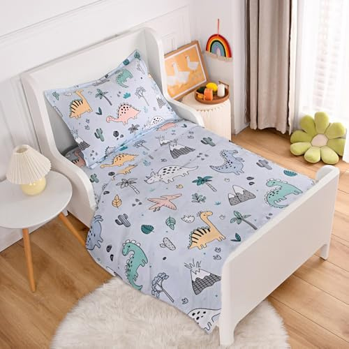 KWLOVER 3PC Soft Bed Fitted Sheet and Flat Sheet Set for Single Bed,Dinosaur Printed Bed Sheets and Pillowcase Set for Boys Teens Twin Size