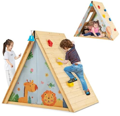 COSTWAY Cabane de Jardin Enfants avec Mur d'escalade, Maison de Jeu 2 en 1 avec Cloche en Bois de Sapin, Exterieur Intérieur, Charge 30KG, Adapté aux 2 Enfants de 3 à 8 Ans, Naturel